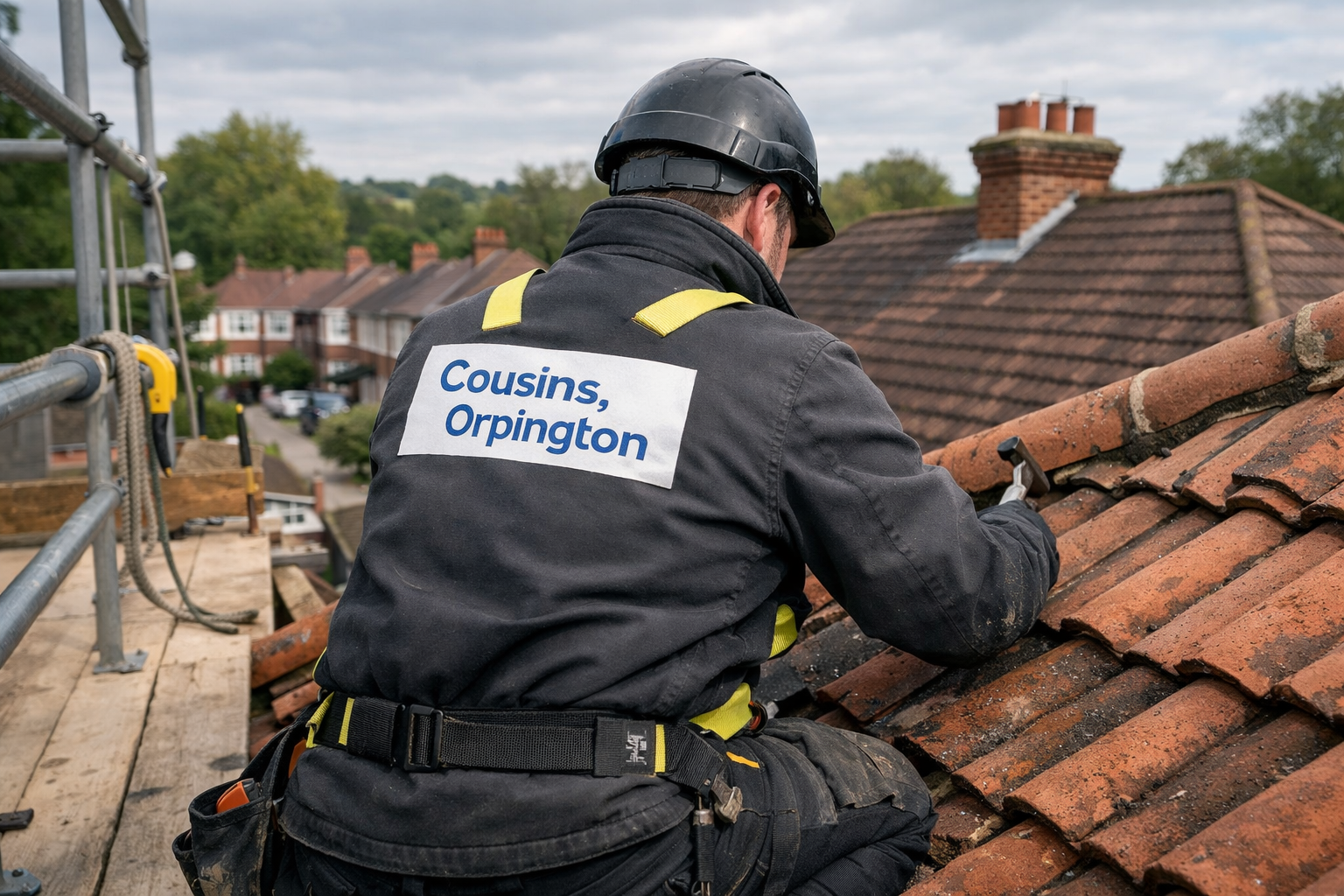 Professional roofer in Orpington repairing a tiled roof on a residential home in Kent