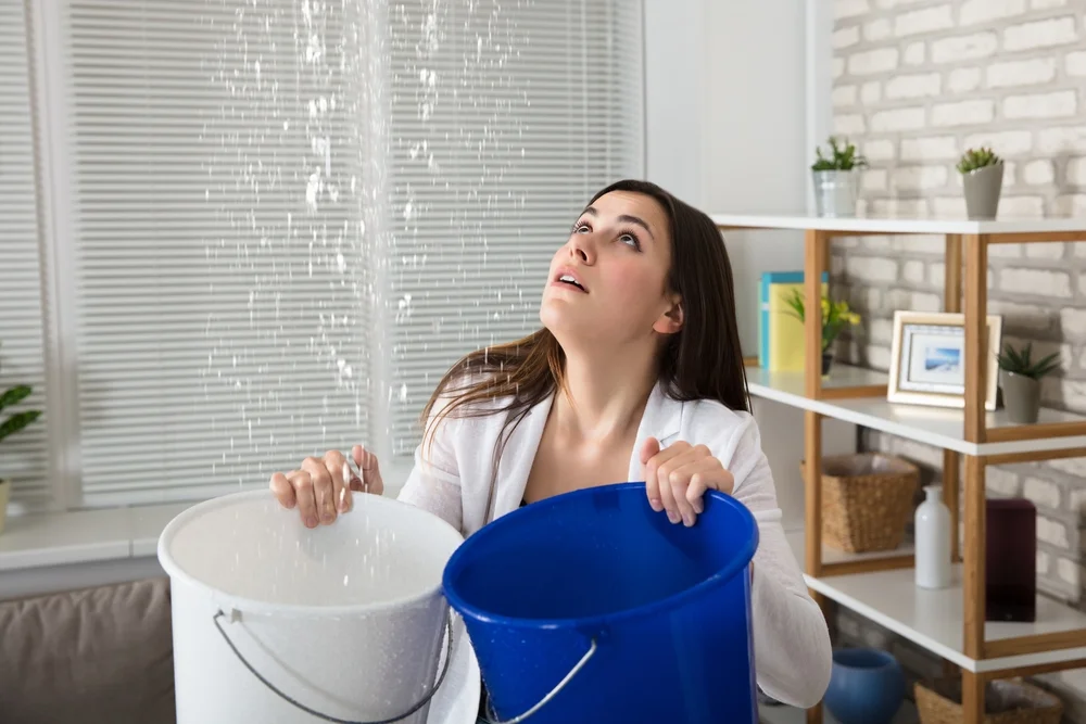 Buckets catching water leak